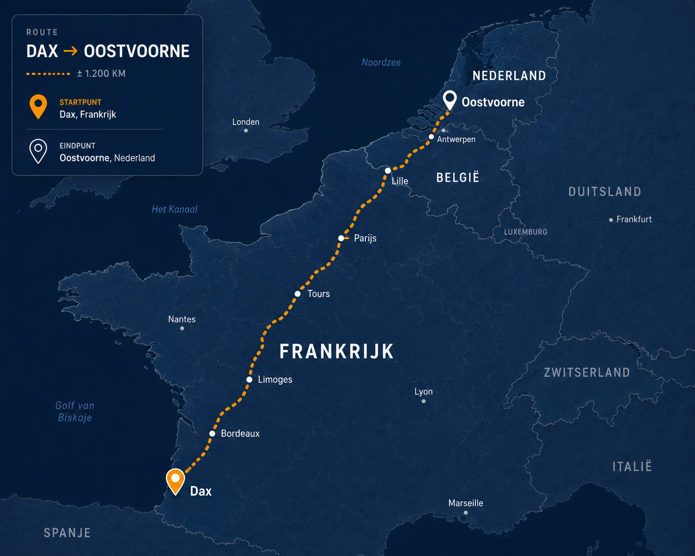 Voorbeeld van een live route van Dax naar Oostvoorne