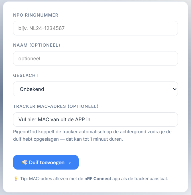 Screenshot: duif koppelen in PigeonGrid